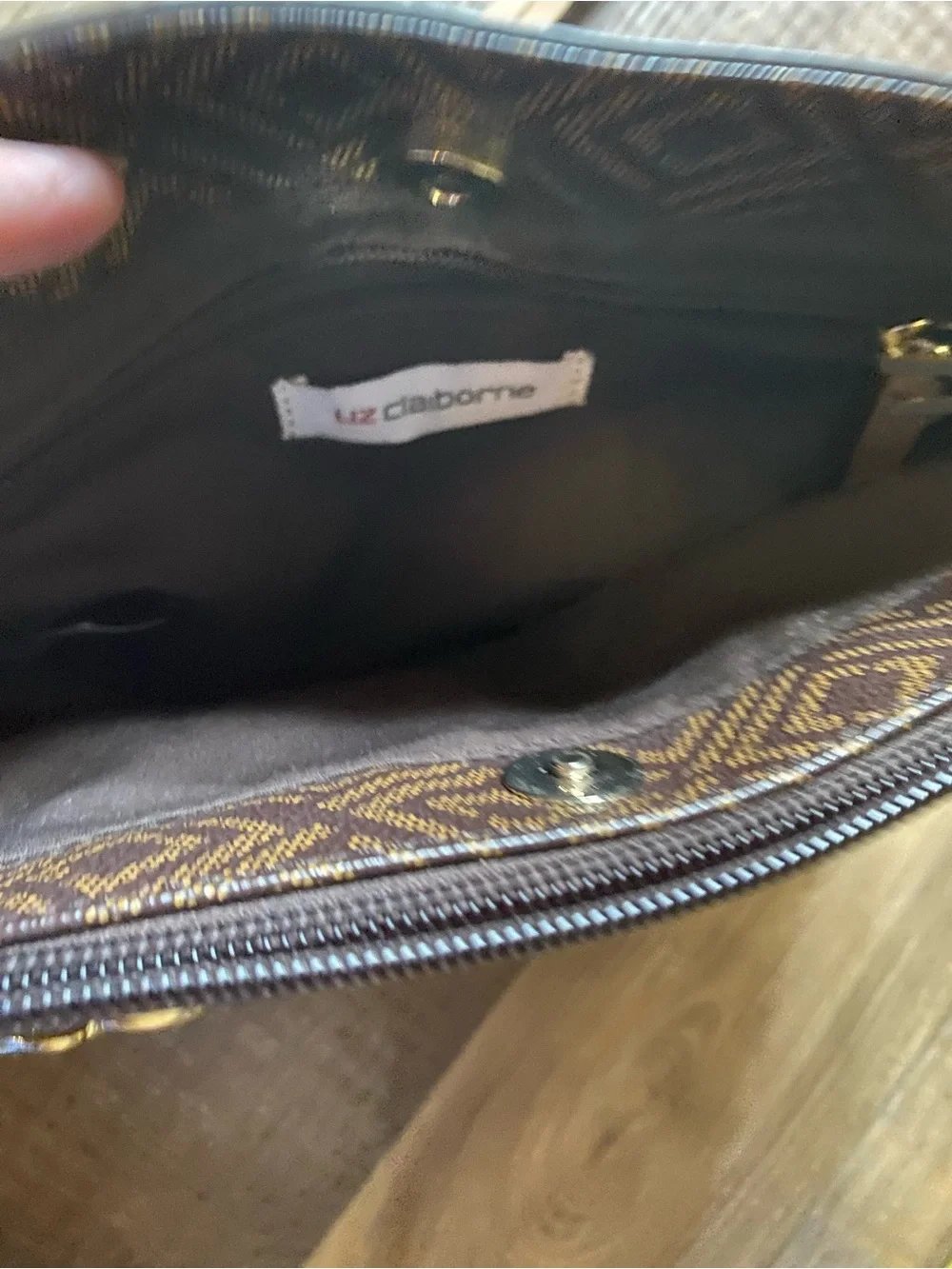 Liz Claiborne Brown Monogram Crossbody Bag with Tan Strap